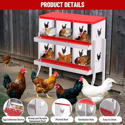 Chicken Nesting Box, 6 Compartment Metal Chicken Nesting Boxes with Bracket Legs for Chicken Coop, Large Vented Holes Chicken Laying Boxes with Rollout Egg Collection - color: Red, size: 6 Holes with Legs
