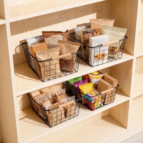 Black 2PCS Wire Storage Baskets with Wooden Handles - Organizing Pantry and Kitchen Cabinets - Metal Wire Food Storage Basket - color: Black 2PCS