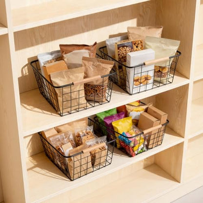 Black 2PCS Wire Storage Baskets with Wooden Handles - Organizing Pantry and Kitchen Cabinets - Metal Wire Food Storage Basket - color: Black 2PCS