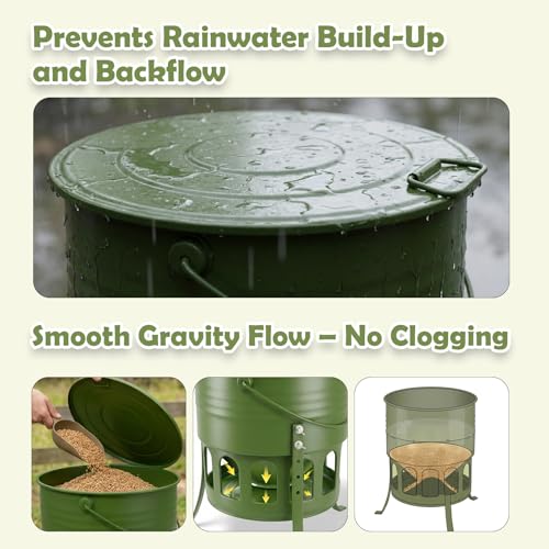 Metal Chicken Feeder No Waste - 20LB Large Chicken Feeder with 12 Ports & 4 Adjustable Heights Tripod Stand, Automatic Hanging Poultry Feeder, Rainproof for Backyard Chickens & Small Flocks - color: green