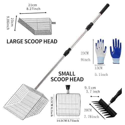 2-in-1 Chicken Poop Scooper with Rake – Adjustable Stainless Steel Handle (36"-62"), Heavy-Duty Sand Sifter & Litter Scoop for Chicken Coop, Duck Pen, Rabbit Hutch