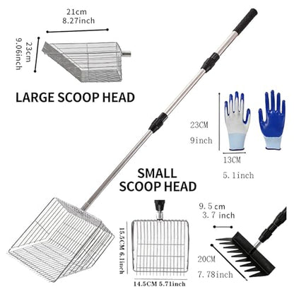 2-in-1 Chicken Poop Scooper with Rake – Adjustable Stainless Steel Handle (36"-62"), Heavy-Duty Sand Sifter & Litter Scoop for Chicken Coop, Duck Pen, Rabbit Hutch