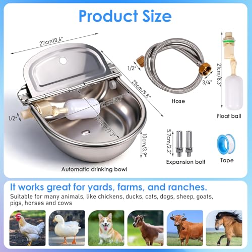 Metal Automatic Chicken Waterer with Float Valve, Stainless Steel Duck Waterer No Mess Outdoor Wall Mounted Chicken Water Dispenser with Hose and Drain Plug for Chicken Coop
