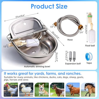 Metal Automatic Chicken Waterer with Float Valve, Stainless Steel Duck Waterer No Mess Outdoor Wall Mounted Chicken Water Dispenser with Hose and Drain Plug for Chicken Coop