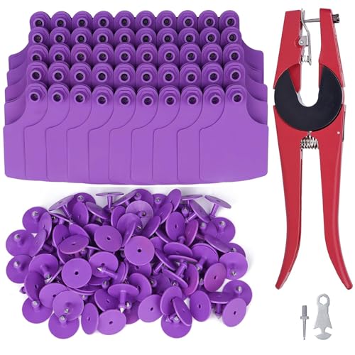 LIUCOGXI Blank 100 Sets Cattle Ear Tag with Applicator Livestock Ear Tag Kits for Pig Cattle Cow Dog (Purple) - color: Purple