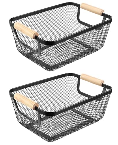 AJIODA 2 Pack Metal Mesh Steel Basket, Small Wire Storage Organizer Basket Multi-function Hanging Kitchen Basket Fruit Baskets with Wood Handle for Kitchen Picnic Cabinet Home Decor, Rectangle-Black - color: Black, size: 2Pack-Small