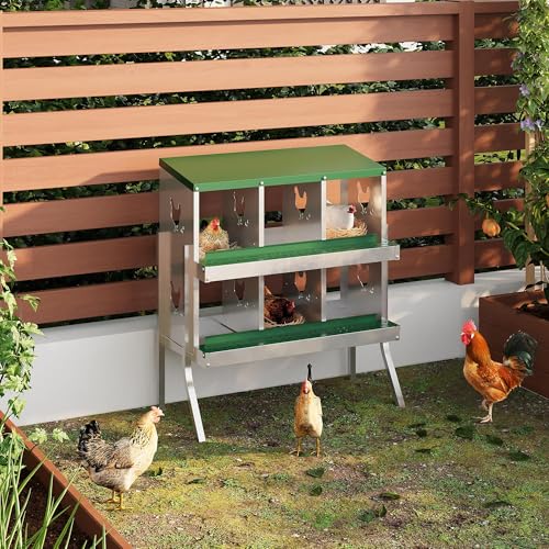 6-Compartment Metal Chicken Nesting Box - with Perch, Secure Lid & Metal Legs, Wall-Mount or Free-Standing Nesting Boxes for Hens - color: green, size: 6 Compartments with legs