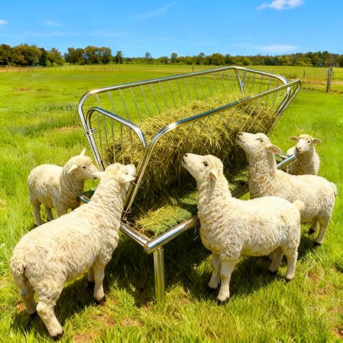 4FT Long Pasture Hay Feeder, 2 in 1 Durable Hay Feeder with Galvanized Steel Frame,Goat Hay Feeder with 6 in Deep Extra Feeding Pan, Livestock Feeder for Goats, Sheep and Horses, Silver - color: Silver