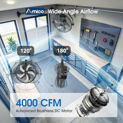 Amico 18 Inch Wall Mount Fan with Remote, 9-Speed Industrial Metal Fan, High Velocity Wall Fan with Brushless DC Motor, 4000 CFM Commercial Fans for Garage, Greenhouse, Warehouse, shop, Patio, Outdoor - size: 18 inch