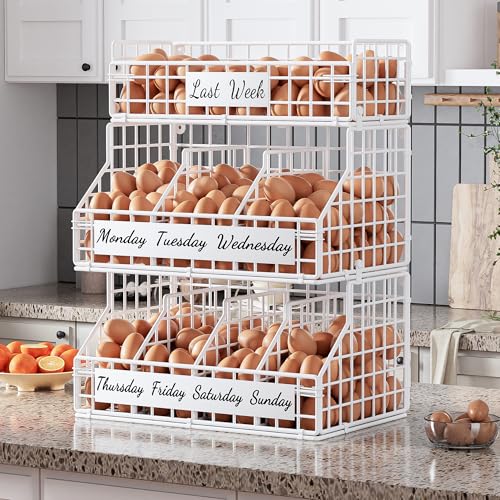 Egg Basket for Countertop, Egg Holder Countertop with 5 Dividers & Labels, 3 Tier Stackable Wire Storage Baskets to Keep Eggs Organized, XXL Egg Organizer Decorative Rack for Kitchen & Home, White - color: XL-White(15.7W x 19.7H)