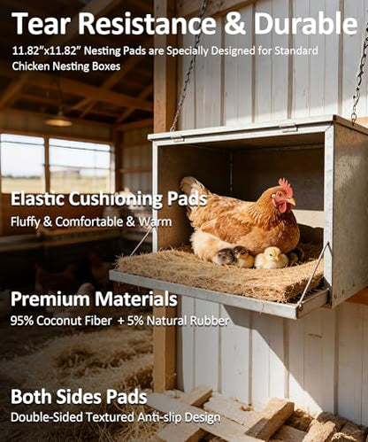 3X-Thick Reusable Chicken Nesting Pads for Nesting Box,12"x12" with Cleaning Brush(7Pads+7Liners+1Brush) | Washable Coop Bedding, Biodegradable Coconut Fiber Hen Box Laying Mats, Keep the Coop Clean and Dry and Warm,