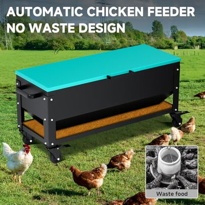 Heavy Duty Chicken Feeder 120 lbs Large Capacity, Metal Automatic Poultry Feeding Box with Waterproof Lid, Raised Standing Feeder with Wheels for Hens & Roosters, Portable & Easy to Move - color: Green