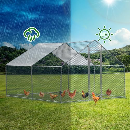 Outvita Chicken Coop, 10×10 FT Large Metal Chicken House, Poultry Habitat Cage with Waterproof Cover, Walk-in Chicken Run Pen for Small Animals, Yard, Farm, Patio - color: Silver, size: 120.0"L x 120.0"W x 78.0"H