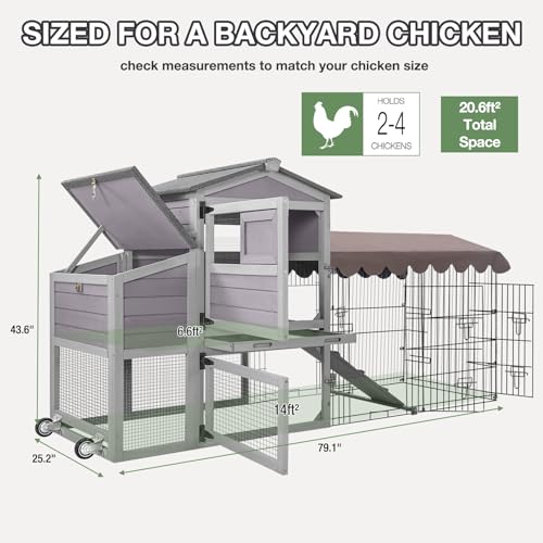 Large Chicken Coop Outdoor Waterproof Poultry House with Run, Asphalt Roof Wooden Hen Cage, Easy Clean Slide-Out Tray, Nesting Boxes for 2-6 Chickens, Ducks, Rabbits, Backyard Farm Garden Use