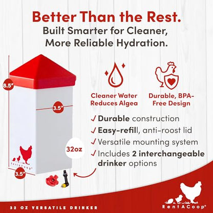 RentACoop 32oz (1 Liter) Chicken Drinker with 2 Versatile Nipples - Ideal for Baby Chicks, Quail, Small Birds, and Ducklings - Easy-to-Use Chicken Waterer Solution - Ideal for Coops and Cages