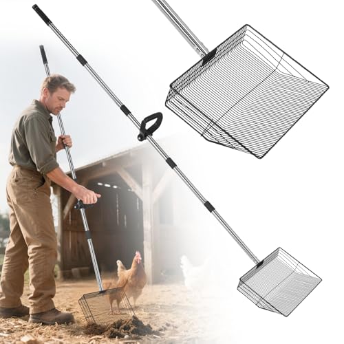 15" Widely Chicken Coop Poop Scooper- Ergonomic Chicken Poop Scooper with 38" to 77" Adjustable Long Handle, Extra-Large Scoop for Sand and Litter, Easy-to-Clean, Multi-Scene Use for Poultry