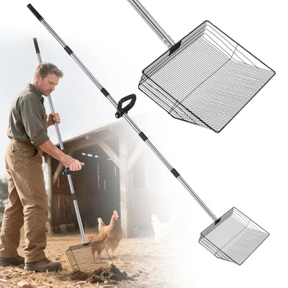 15" Widely Chicken Coop Poop Scooper- Ergonomic Chicken Poop Scooper with 38" to 77" Adjustable Long Handle, Extra-Large Scoop for Sand and Litter, Easy-to-Clean, Multi-Scene Use for Poultry