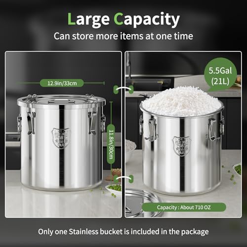 Large Stainless Steel food Storage Containers,5.5Gallon/21Liter Airtight Stainless Steel Bucket With lids,710 OZ Flour Storage Container,Metal Airtight Canister for Rice,Coffee Bean,Dog Food - size: 21Liter