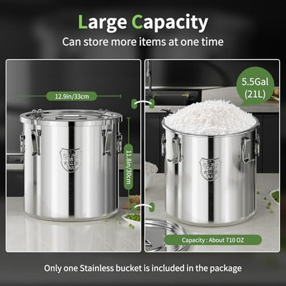 Large Stainless Steel food Storage Containers,5.5Gallon/21Liter Airtight Stainless Steel Bucket With lids,710 OZ Flour Storage Container,Metal Airtight Canister for Rice,Coffee Bean,Dog Food - size: 21Liter