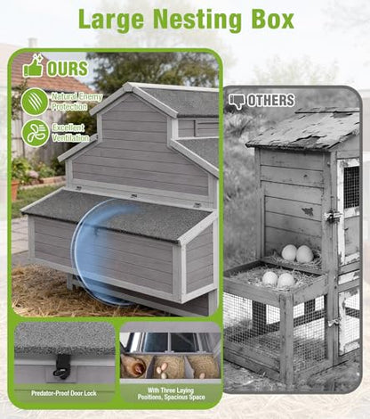 GUTINNEEN Extra Large Walk-in Chicken Coop with Run Waterproof UV Resistant Chicken House with Large Nesting Box 113.5" L Gray Outdoor Backyard Hen House - size: 113.5"L