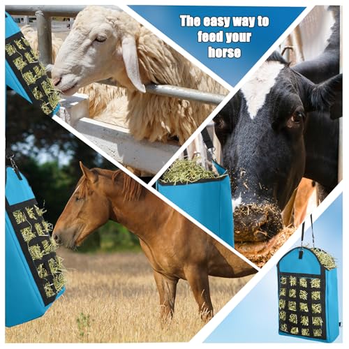 2 Pack Heavy Duty 1200D Oxford Slow Feeder Hay Bag with Large Opening for Horse, Goat, Donkeys, 13.78x7.45x18.1 Inch, Blue