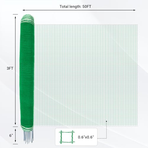 Temporary Fence with Posts 3' x 50' for Chickens, Turkeys Backyard | Boundary Chicken Fence with Double Spiked Fiberglass Posts & Windbreak Rope, Portable Non Electric Fence Netting - size: 3' x 50'