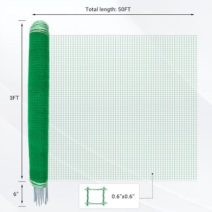 Temporary Fence with Posts 3' x 50' for Chickens, Turkeys Backyard | Boundary Chicken Fence with Double Spiked Fiberglass Posts & Windbreak Rope, Portable Non Electric Fence Netting - size: 3' x 50'