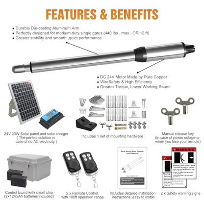JUJIANG C01 Solar Gate Opener with Batteries & Solar Panel for Single Swing Gates Up to 440lb 12FT Automatic Gate Openers with Remote Complete Kit Light Duty Automatic Gate Openers Solar Powered - style: 440lb Solar Single gate opener