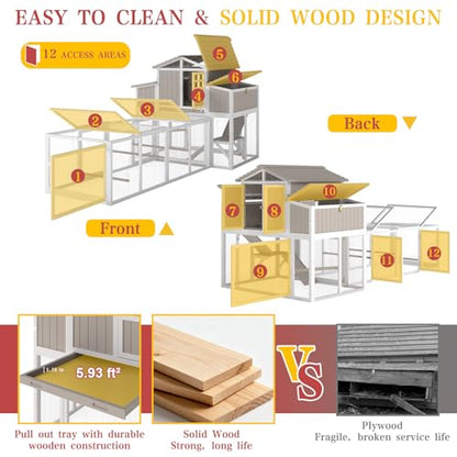Large Chicken Coop and Run, Wooden Hen House with 4 Sectionable Nesting Boxes, Poultry Duck House for 4-10 Chickens with 5 Perches, Pull-Out Tray and Ramp, Grey