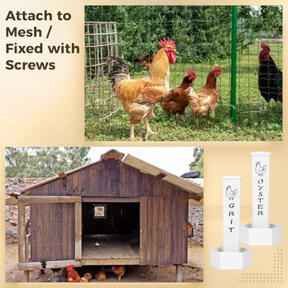 4 Pcs Chicken Grit Feeder, Oyster Shell for Chickens, Metal Hanging Automatic Gravity Feeder, with 2 Scoops, 4 Cable Ties and 4 Screws, 9.4 x 4.3 x 3.9 in Chicken Coop Accessory