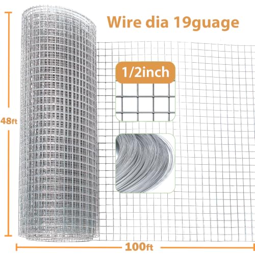 Hardware Cloth 48" x 100ft 1/2" Mesh, Chicken Wire Fencing 19 Gauge, Galvanized Rust-Resistant, Poultry Animal Netting for Chicken Coops, Protective Barriers, Garden Fencing (Gloves Included) - size: 1/2" 48" x 100ft 19Ga