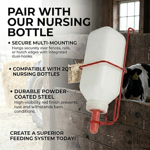 FarmTek Nursing Bottle Holder w/ 2-Quart Bottle – Powder-Coated | Heavy-Duty Steel Bracket, Secure Rail Mount, Durable 2-Quart Capacity, Easy Feed Access, Livestok Nursing