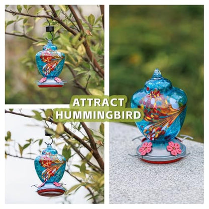 REZIPO Hummingbird Feeder with Perch - Hand Blown Glass - Blue - 38 Fluid Ounces Hummingbird Nectar Capacity Include Hanging Wires and Moat Hook - color: Blue