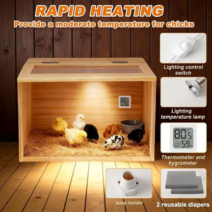 Chicken Brooder Box for Chicks & Quail,Pine Wood.16 Lx12 Wx12 H, Ducks,Chicken Coop,Quail cage,2 Washable Liners,Adjustable Temperature Control.