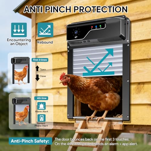 WiFi Automatic Chicken Coop Door with Camera, APP Remote Control, Smart Solar Powered Auto Chicken Door Opener with Timer, Night Vision, Anti-Pinch Safety, Smart Alerts, Space-Saving Roll-Up Design