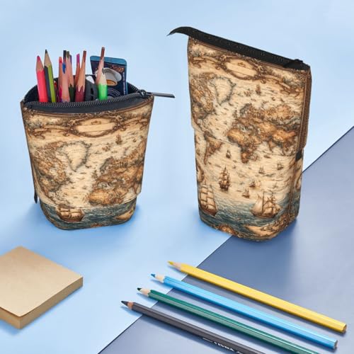 Retro Map Standing Pencil Case Cute Telescopic Stationary Pouch with Zipper Large Capacity Stand up Pen Bag Portable Makeup Holder for School Office Supplies - color: Map