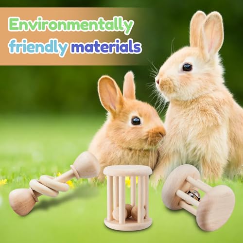 AOWPFVV 3 Pcs Wooden Bunny Toys - Safe Rabbit & Guinea Pigs Teeth Grinding Toys for Chinchillas, Hamsters & Small Animals - Indoor & Outdoor