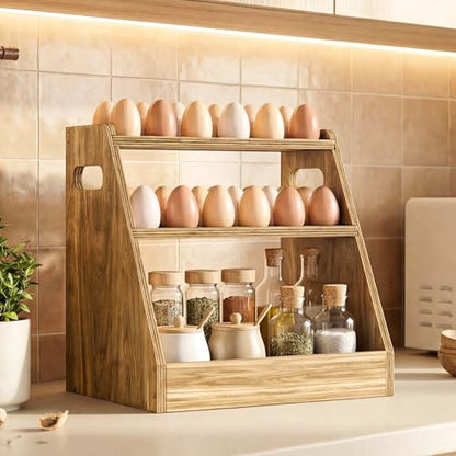 3-Tier Wood Egg Holder, Egg Holder Countertop with Basket, Wooden Egg Basket with Handle Holds 70-80 Fresh Eggs for Kitchen, Farm Gathering