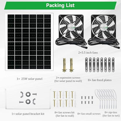 blessny 5.5" Solar 2 Fan Kit for Intake or Exhaust air, Weatherproofed Solar Powered Fans for Outside Chicken Coops, Greenhouses, Shed, Pet House Air Ventilation - size: 5.5" 2 Fan Kit