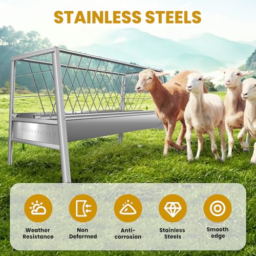 77 Gallon Capacity Livestock Feeder, 2-in-1 Large Capacity Feed & Water Trough, Goat Hay Feeder, Freestanding Outdoor Farm Livestock Feeder, Smooth Edges Design for Goats, Horses, Ranch & Barn Use