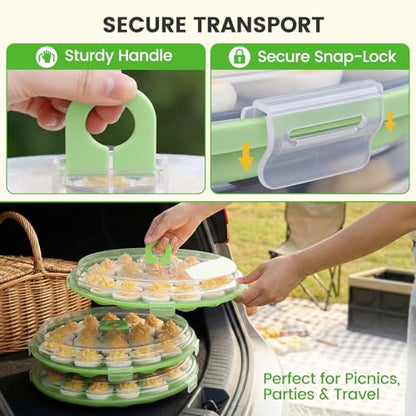 HANSGO Deviled Egg Containers with Lid, 3PCS Deviled Egg Platter Carrier Holder Trays with 66 Slots for Party and Home Kitchen, Green - color: 3 Pack Green