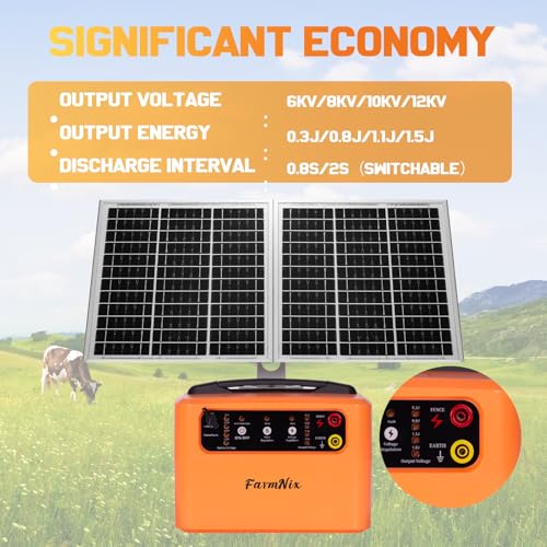 6-12KV Adjustable Output Solar Fence Charger,30 Miles Electric Fence Charger for Livestock,1.5J Solar Charger,15W Solar Electric Fence,24H Protection Solar Powered Electric Fence Kit - color: Orange