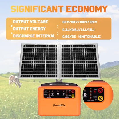 6-12KV Adjustable Output Solar Fence Charger,30 Miles Electric Fence Charger for Livestock,1.5J Solar Charger,15W Solar Electric Fence,24H Protection Solar Powered Electric Fence Kit - color: Orange