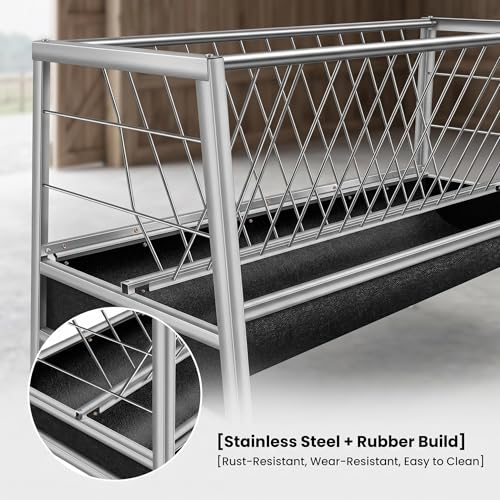 77 Gallon Pasture Feeder 2-in-1 Hay Grain System Stainless Steel Frame Rubber Trough Waste-Reducing Design for Goats Sheep Horses Lamb