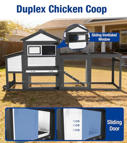 Chicken Coop with Run Mobile Large Chicken Coop with Wheels Duplex Chicken Cage with Slide-Out Tray Waterproof Roof Outdoor Backyard Hen House Black and White - color: Black and White