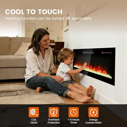 42" Electric Fireplace, Wall Fireplace Electric with Remote Control, 16 Adjustable Flame Colors, Freestanding/Wall Mounted/Recessed, 1400W Fireplace Insert Heater, Timer, Thermostat - size: 42 Inch Standard