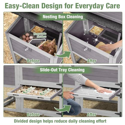 Mobile Chicken Coop with Wheels for 4-6 Chickens, Large Outdoor Hen House with Run, Weatherproof Asphalt Roof, Sectionable Nesting Box & Pull-Out Tray, 82.4" L x 25.8" W x 44.1" H - Grey - size: 82.4"L x 25.8"W x 44.1"H