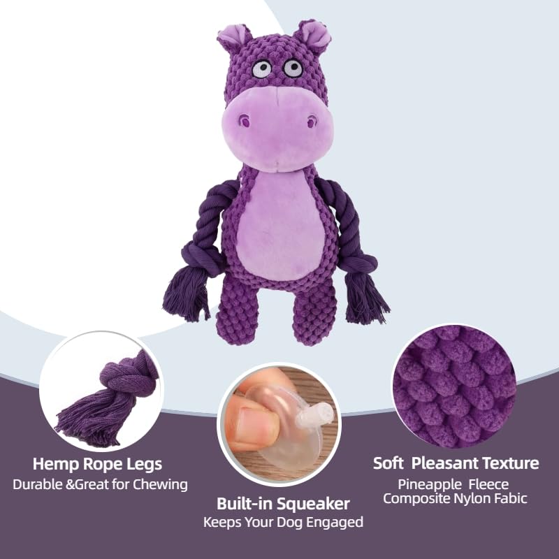 Plush Hippo Dog Toy with Rope Arms, Squeaky Interactive Pet Toy, Purple, for Small & Medium Dogs - color: Purple