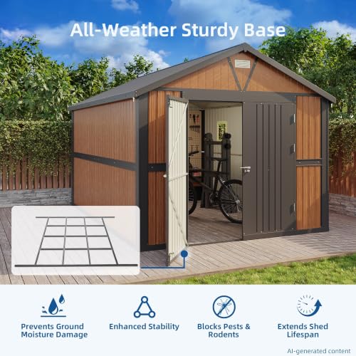 10x12 FT Outdoor Storage Shed, Metal Garden Shed with Floor, Lockable Doors and Windows, Large Tool Shed for Backyard, Patio and Lawn - size: 10x12 FT with Base