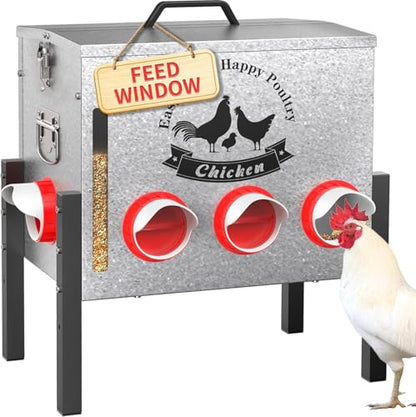 10gal 55LB Large Automatic Chicken Feeder with Window - 8 Port No Waste Design, Rust-Proof Alloy Steel with Locking Lid & Adjustable Legs, Waterproof Silo for Hens, Ducks, Geese, Poultry (silver) - size: 10GAL-55LB